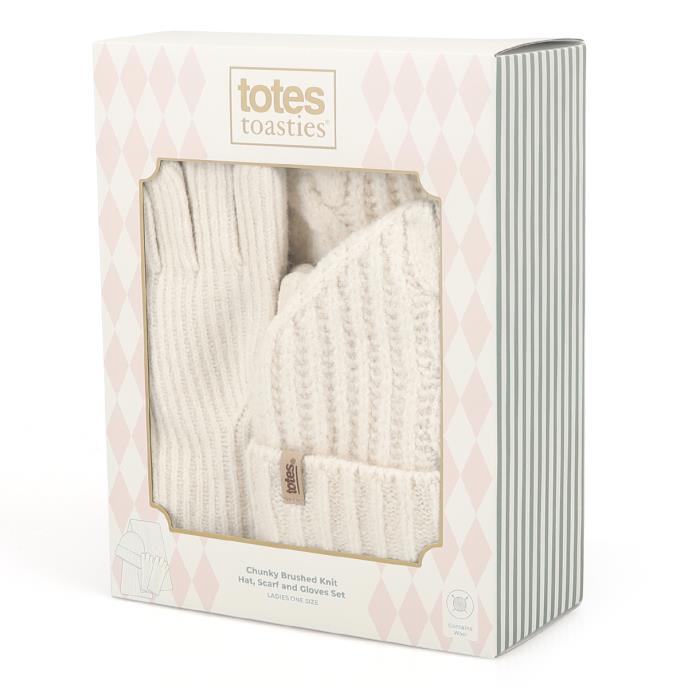 totes toasties® Ladies Chunky Brushed Rib Knit Hat Scarf & Glove Set Cream Extra Image 1